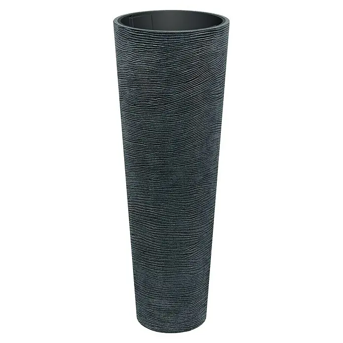 ETHICK Pflanzsäule rund Tubra - Außenmaß (Ø x H): 48 x 135 cm, Kunststoff, Schwarz-Granit, Herausnehmbarer Pflanztopf - Bild eines grauen Pflanzgefäßes mit einer horizontalen Linienstruktur. Das Pflanzgefäß hat eine zylindrische Form und ist für den Innen- und Außenbereich geeignet.