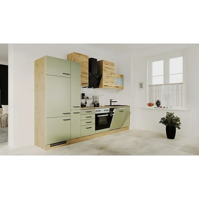 Flex-Well Cara Küchenzeile - Breite: 310 cm, Höhe: 234 cm, Schilfgrün Antifingerprint / Artisan Eiche, Mit Elektrogeräten, Fibonitspüle - Moderne Küche mit hellgrünen Fronten und Holzakzenten, ausgestattet mit integrierten Geräten und stilvoller Dunstabzugshaube.