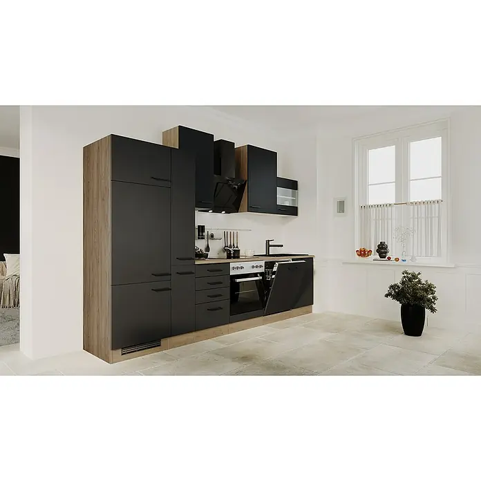 Flex-Well Küchenzeile Capri - Breite: 310 cm, Touch Schwarz, Mit Elektrogeräten, Fibonitspüle - Moderne Küche mit schwarzen Schränken und Holzakzenten, die ein stilvolles und funktionales Design bietet.