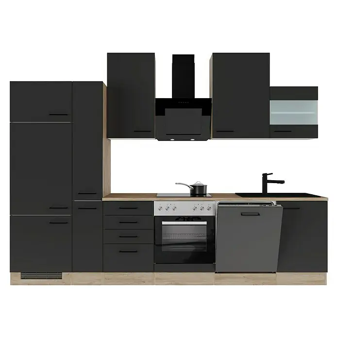Flex-Well Küchenzeile Capri - Breite: 310 cm, Touch Schwarz, Mit Elektrogeräten, Fibonitspüle - Küchenansicht mit schwarzer Einbauküche, inklusive Herd, Spüle, Geschirrspüler und Dunstabzugshaube. Viel Stauraum durch Schränke.