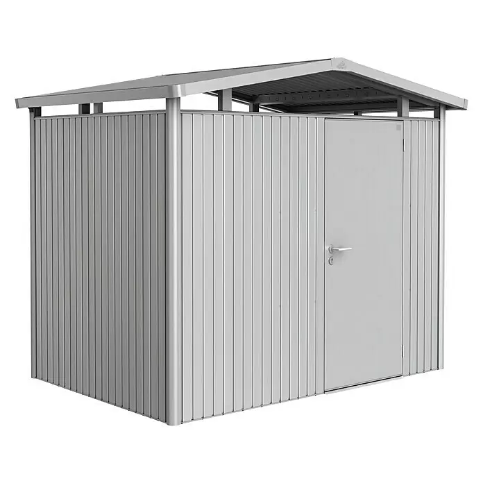 Biohort Panorama Gerätehaus Panorama P2 - Außenmaß inkl. Dachüberstand (B x T): 273 x 198 cm, Stahl, Silber Metallic, Einzeltür - Vorderansicht