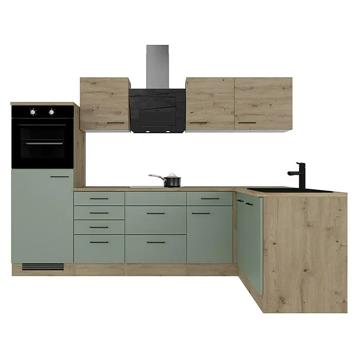 Flex-Well Cara Winkelküche - L x B: 170 x 280 cm, Schilfgrün Antifingerprint / Artisan Eiche, Mit Elektrogeräten, Fibonitspüle - Küchenansicht mit grünen Unterschränken, Holztönen und schwarzen Akzenten, inklusive Herd, Dunstabzugshaube und Spüle.