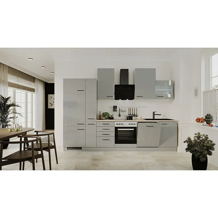 Flex-Well Lund Küchenzeile - Breite: 310 cm, Höhe: 234 cm, Lichtgrau, Mit Elektrogeräten, Fibonitspüle - Elegantes Küchendesign mit grauen Schränken, schwarzen Akzenten und einem modernen Esstisch mit Stühlen. Die Küche strahlt Stil und Funktionalität aus.