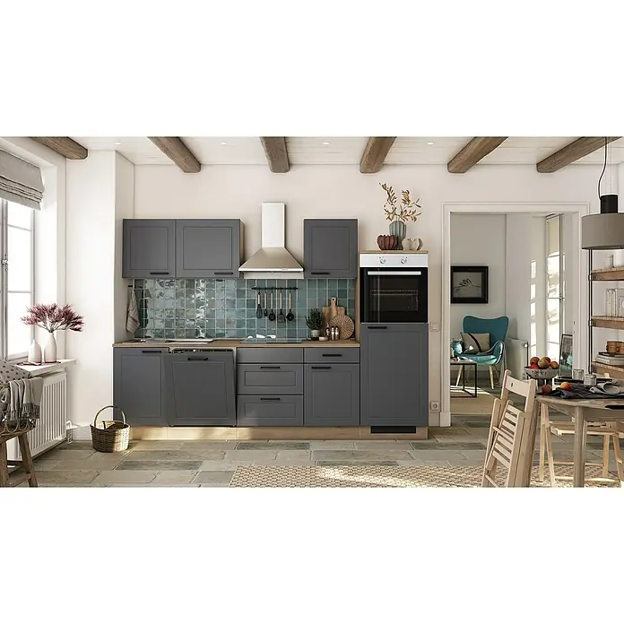 Flex-Well Küchenzeile - Breite: 280 cm, Anthrazit, Mit Elektrogeräten - Elegante graue Küche mit modernen Geräten, Arbeitsplatte aus Holz und Fliesenrückwand. Gemütliches Ambiente mit Holzbalken und Blick in den Essbereich.