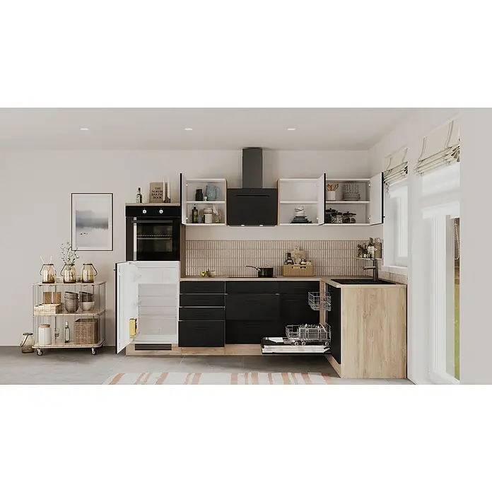 Flex-Well Winkelküche Capri - B x T: 280 x 60 cm, Touch Schwarz, Mit Elektrogeräten, Fibonitspüle - Küchenaufnahme mit modernen Geräten: Schwarzer Dunstabzug, Einbaubackofen und Geschirrspüler in einer stilvollen Küchenanordnung.