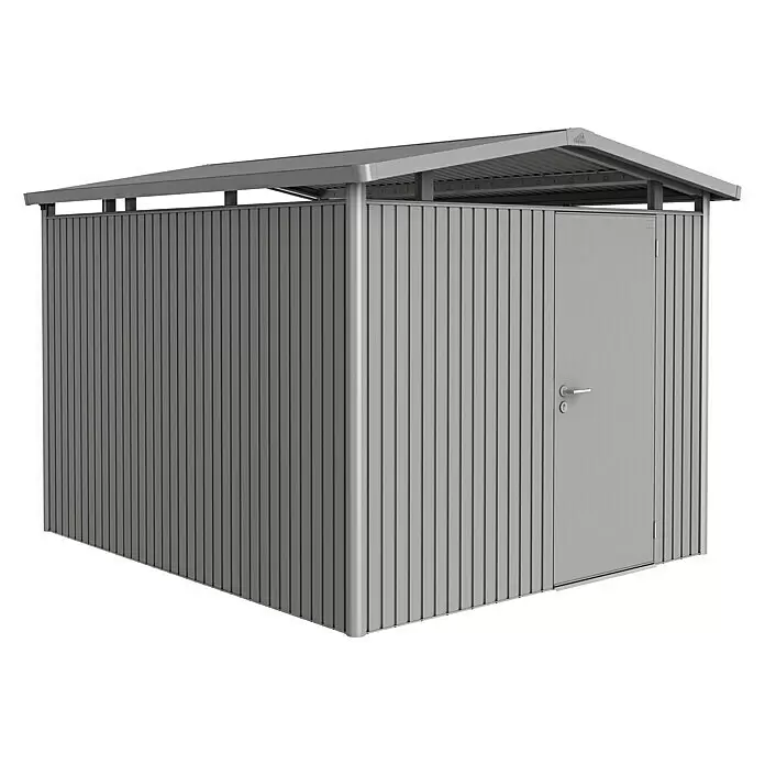 Biohort Panorama Gerätehaus Panorama P5 - Außenmaß inkl. Dachüberstand (B x T): 273 x 318 cm, Stahl, Quarzgrau Metallic, Einzeltür - Vorderansicht