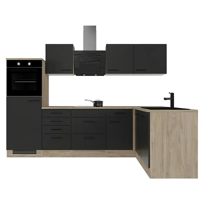 Flex-Well Winkelküche Capri - B x T: 280 x 60 cm, Touch Schwarz, Mit Elektrogeräten, Fibonitspüle - Moderne Küche mit dunklen Schränken, hellen Arbeitsplatten und integrierten Geräten. Stilvolles Design für ein zeitgemäßes Zuhause.