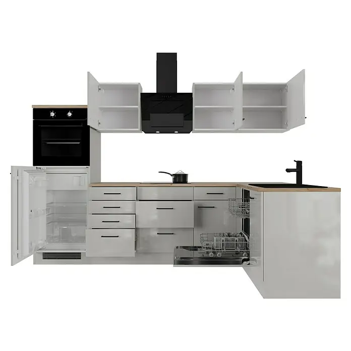 Flex-Well Lund Winkelküche - L x B: 170 x 280 cm, Lichtgrau, Mit Elektrogeräten, Fibonitspüle - Moderne Küche in Weiß mit Elektrogeräten und Holz-Arbeitsplatte. Der Fokus liegt auf dem schlichten Design und der Funktionalität.