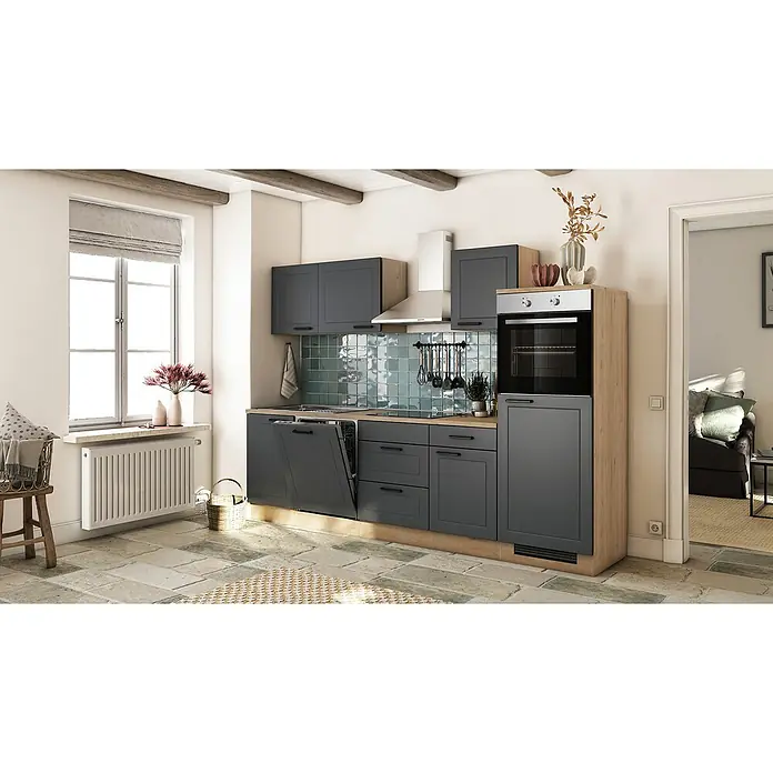 Flex-Well Küchenzeile - Breite: 280 cm, Anthrazit, Mit Elektrogeräten - Eine moderne Küche mit grauen Schränken, einer hölzernen Arbeitsplatte und einem eingebauten Ofen, die ein elegantes und funktionales Design bietet.