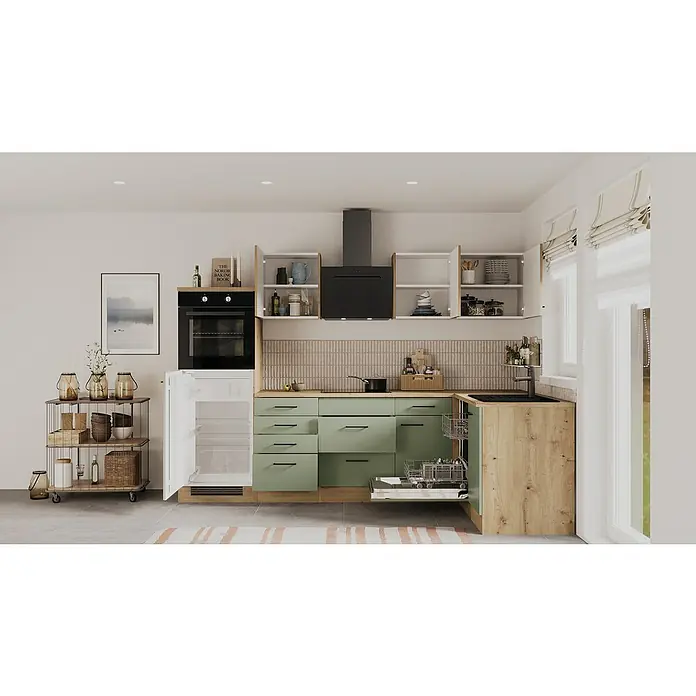Flex-Well Cara Winkelküche - L x B: 170 x 280 cm, Schilfgrün Antifingerprint / Artisan Eiche, Mit Elektrogeräten, Fibonitspüle - Helles Küchendesign mit mintgrünen Schränken, schwarzen Akzenten und modernen Geräten, das eine einladende Atmosphäre schafft.