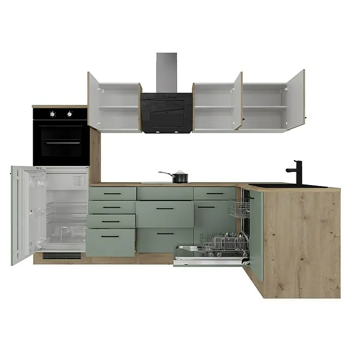 Flex-Well Cara Winkelküche - L x B: 170 x 280 cm, Schilfgrün Antifingerprint / Artisan Eiche, Mit Elektrogeräten, Fibonitspüle - Ein moderner Küchenbereich mit Einbaugeräten, grünen Schränken und einer Dunstabzugshaube.