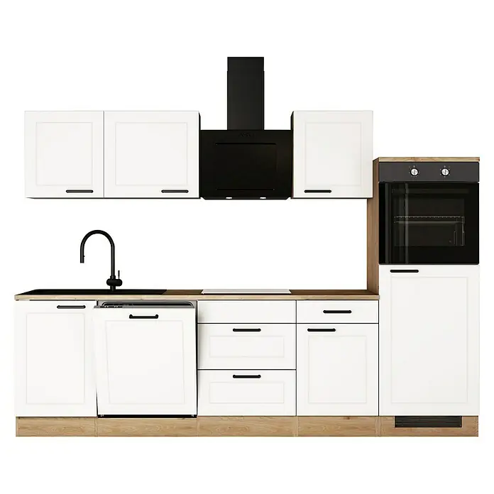 Flex-Well Küchenleerblock Julia - Breite: 280 cm, Weiß, Ohne Elektrogeräte - Moderne Küche mit weißen Schränken, schwarzer Dunstabzugshaube und integriertem Ofen. Funktionalität trifft auf stilvolles Design.