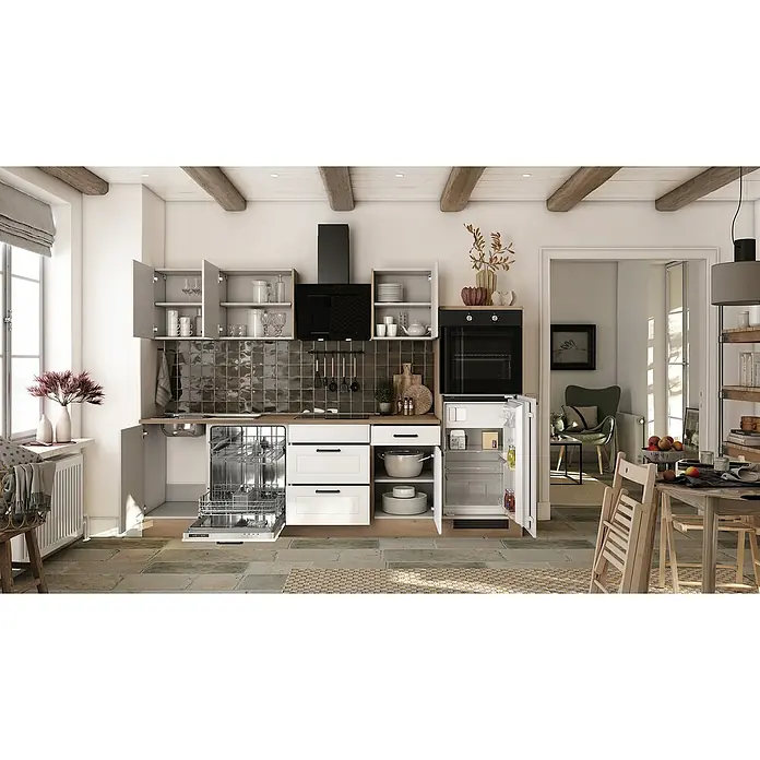 Flex-Well Küchenzeile Julia Typ 3 - Breite: 280 cm, Weiß, Mit Elektrogeräten - Küchenansicht mit modernen Einbauschränken, Geschirrspüler und Kühlschrank, die stilvolles und funktionales Design vereinen.
