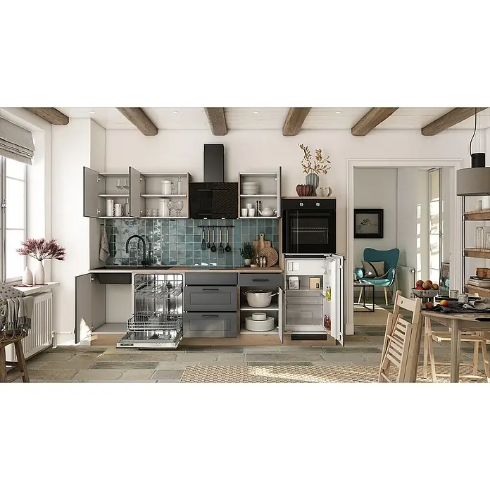 Flex-Well Küchenleerblock - Breite: 280 cm, Anthrazit, Ohne Elektrogeräte - Moderne Küche mit grauen Schränken, offenem Geschirrspüler und integriertem Kühlschrank unter dem Backofen.