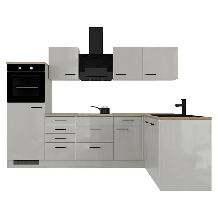 Flex-Well Lund Winkelküche - L x B: 170 x 280 cm, Lichtgrau, Mit Elektrogeräten, Fibonitspüle - Eine moderne Küche in Grau- und Holztönen mit eleganten Griffen und einem Kochfeld. Der Dunstabzug ist schwarz und passt zum Gesamtbild.