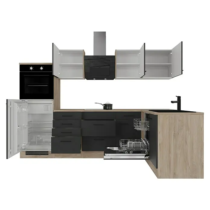 Flex-Well Winkelküche Capri - B x T: 280 x 60 cm, Touch Schwarz, Mit Elektrogeräten, Fibonitspüle - Küchenansicht mit Geräten und Schränken. Die Küche ist in Holz und Schwarz gehalten und wirkt modern.