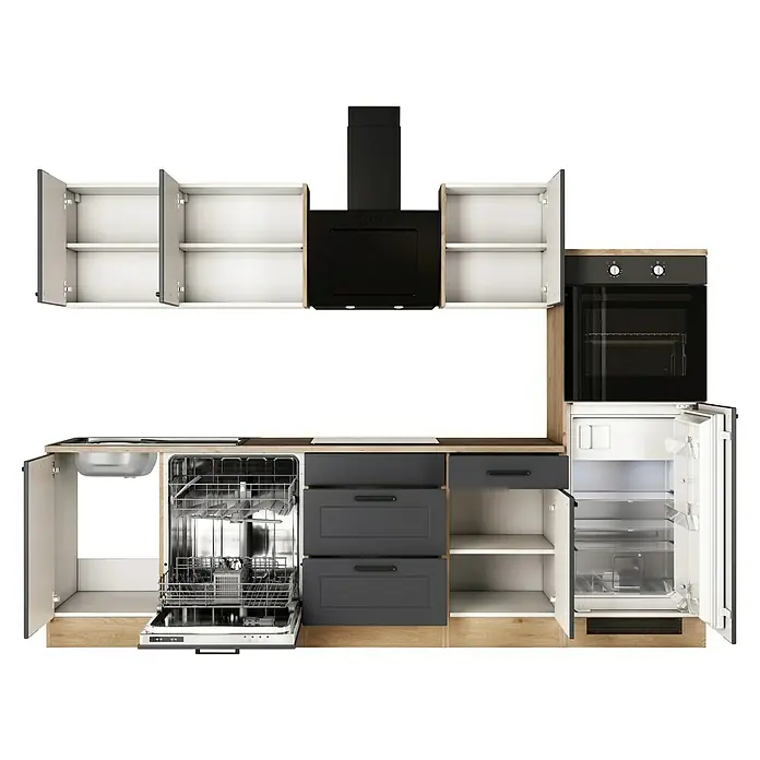 Flex-Well Küchenzeile - Breite: 280 cm, Anthrazit, Mit Elektrogeräten, Edelstalspüle - Küchengeräte mit offenen Schränken und Schubladen in modernem Design.