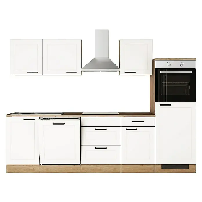 Flex-Well Küchenzeile Julia Typ 2 - Breite: 280 cm, Weiß, Mit Elektrogeräten - Küchenzeile mit weißen Schränken, Dunstabzugshaube und Backofen. Elegantes Küchendesign für moderne Wohnräume.