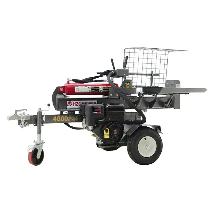 HZC Power Holzspalter HS40285 - 40 t, Max. Spaltgutlänge: 530 mm - Bild eines horizontalen Holzspalters mit einem roten Zylinder, einem HZO-Logo und einem 4000PSI-Druck.
