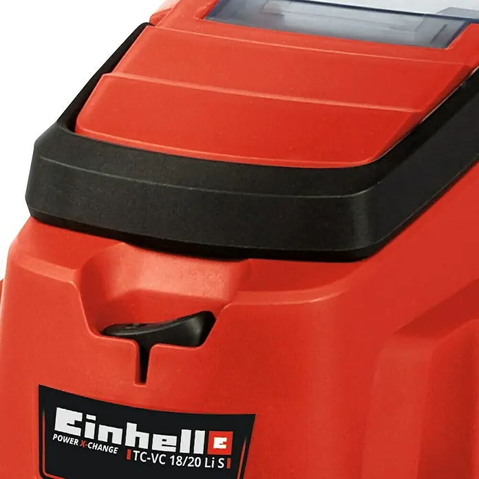 Einhell PXC 18V Akku-Nass-Trockensauger TC-VC 18/20 Li S-Solo - 18 V, Ohne Akku, Behältervolumen: 20 l - Detailaufnahme eines roten Einhell TC-VC 18/20 Li S Akku-Staubsaugers. Ideal für die schnelle Reinigung im Haus oder Auto.