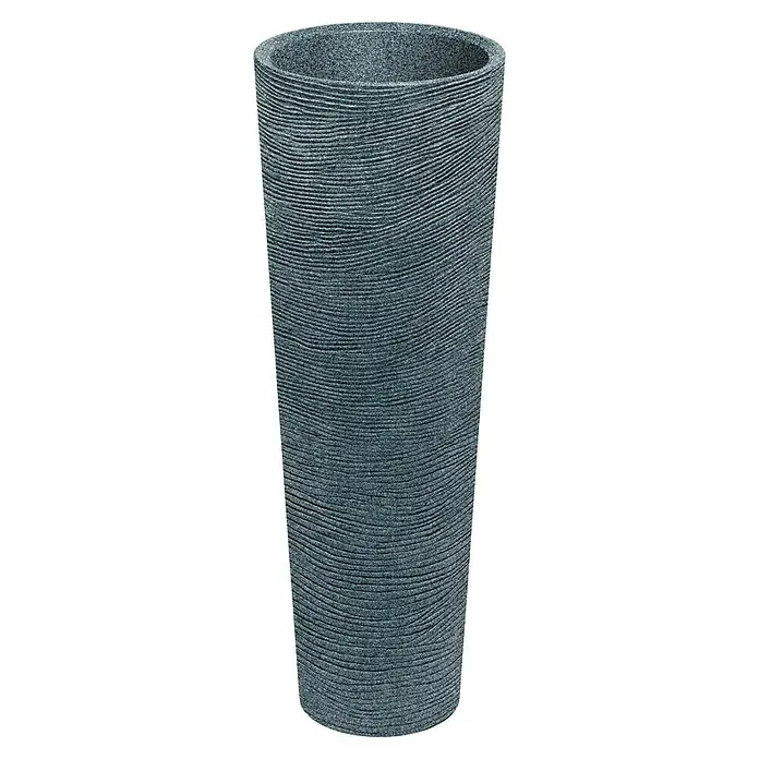 ETHICK Pflanzsäule rund Tubra - Außenmaß (Ø x H): 40 x 110 cm, Kunststoff, Granit, Integrierter Pflanztopf - Bild eines zylindrischen Pflanzgefäßes mit horizontal gerillter Oberfläche in Grautönen, ideal für den Innen- und Außenbereich.