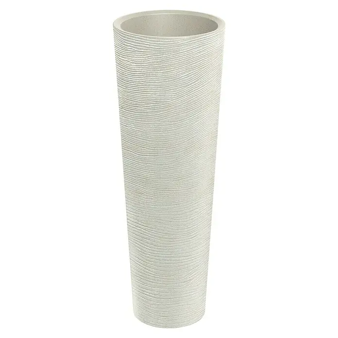 ETHICK Pflanzsäule rund Tubra - Außenmaß (Ø x H): 40 x 110 cm, Kunststoff, Sand, Integrierter Pflanztopf - Elegante hohe Pflanzsäule in hellem Grau mit feiner, horizontaler Rillenstruktur, die jedem Raum einen Hauch von modernem Design verleiht.