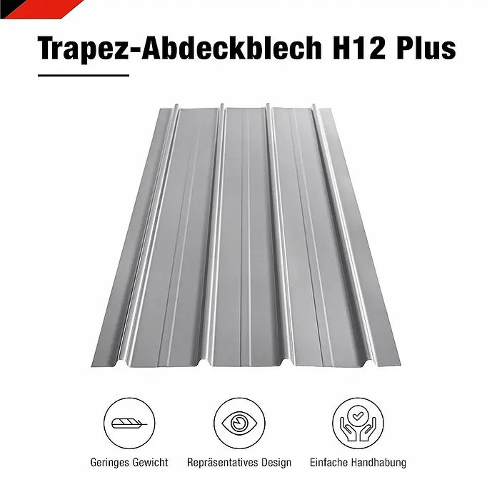 Metdach Dachblech Schwallblech 12er Set - Silber, L x B: 1.250 x 450 mm, Gesamtstückzahl: 12 Stk. - Das Trapez-Abdeckblech H12 Plus ist ein hochwertiges, leichtes und einfach zu handhabendes Produkt für verschiedene Anwendungen.