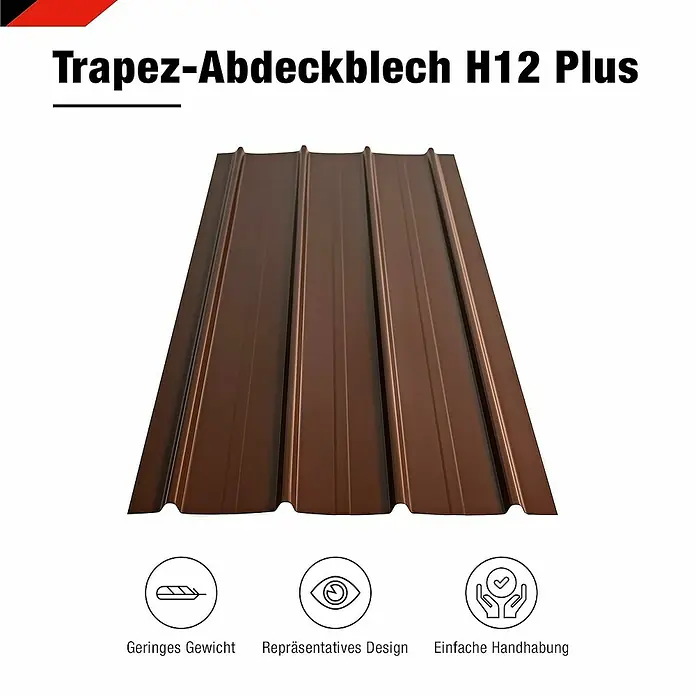 Metdach Dachblech Schwallblech 12er Set - Braun, L x B: 1.250 x 450 mm, Gesamtstückzahl: 12 Stk. - Trapez-Abdeckblech H12 Plus: Eine detaillierte Nahaufnahme eines braunen Trapezblechs, das sich ideal für Dacheindeckungen und Wandverkleidungen eignet.