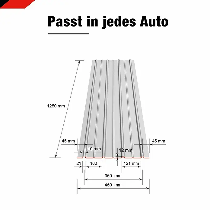Metdach Dachblech Schwallblech 12er Set - Silber, L x B: 1.250 x 450 mm, Gesamtstückzahl: 12 Stk. - Produktansicht einer Trapezblechplatte mit Maßangaben für vielfältige Einsatzmöglichkeiten.