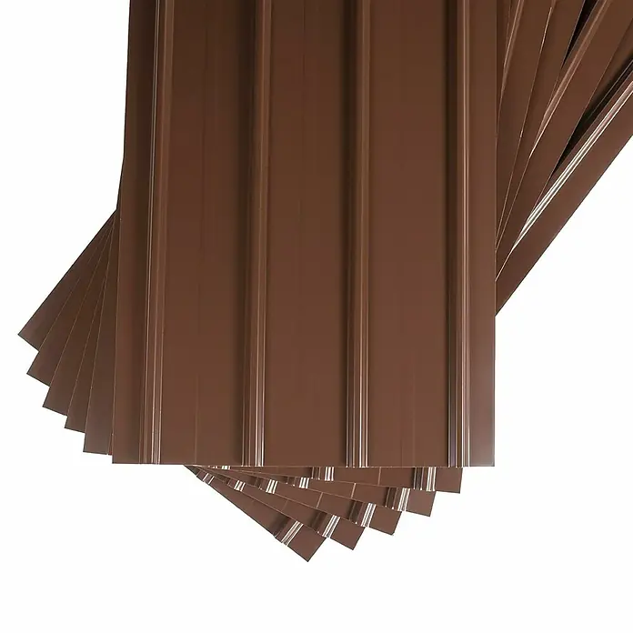 Metdach Dachblech Schwallblech 12er Set - Braun, L x B: 1.250 x 450 mm, Gesamtstückzahl: 12 Stk. - Braune Profilbleche gestapelt, ideal für Dach- und Wandverkleidungen. Langlebiges Material für zuverlässigen Schutz vor Witterungseinflüssen.