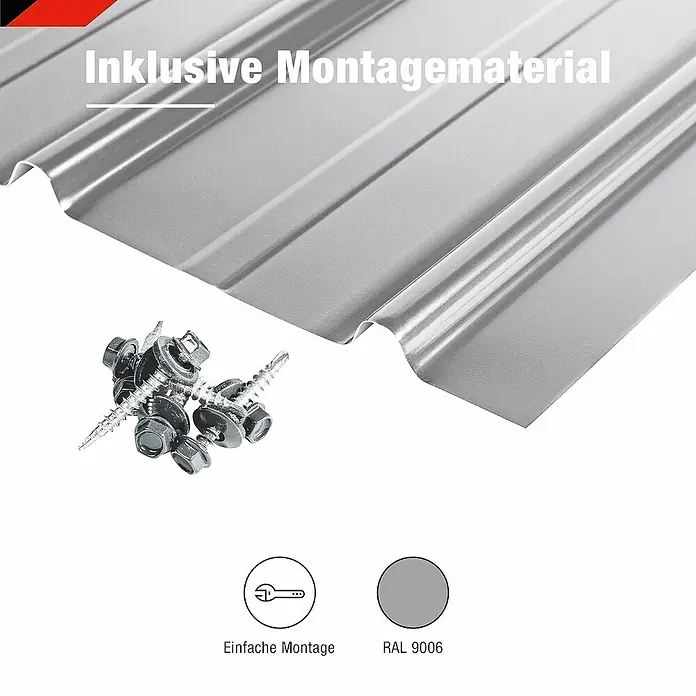 Metdach Dachblech Schwallblech 12er Set - Silber, L x B: 1.250 x 450 mm, Gesamtstückzahl: 12 Stk. - Die Abbildung zeigt eine Trapezblechplatte inklusive Befestigungsmaterial. RAL 9006. Einfache Montage.