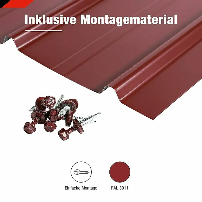 Metdach Dachblech Schwallblech 12er Set - Rot, L x B: 1.250 x 450 mm, Gesamtstückzahl: 12 Stk. - Das Bild zeigt eine rote Trapezblechplatte mit dazugehörigem Montagematerial. Inklusive einfacher Montage und RAL 3011 Farbton.