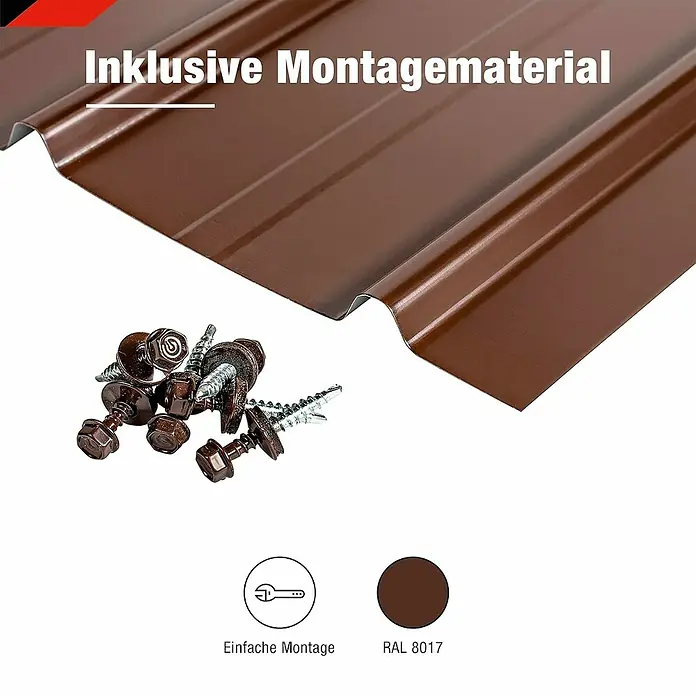 Metdach Dachblech Schwallblech 12er Set - Braun, L x B: 1.250 x 450 mm, Gesamtstückzahl: 12 Stk. - Braunes Trapezblech mit Montagematerial. Inklusive Schrauben für eine einfache Montage. Farbe RAL 8017.