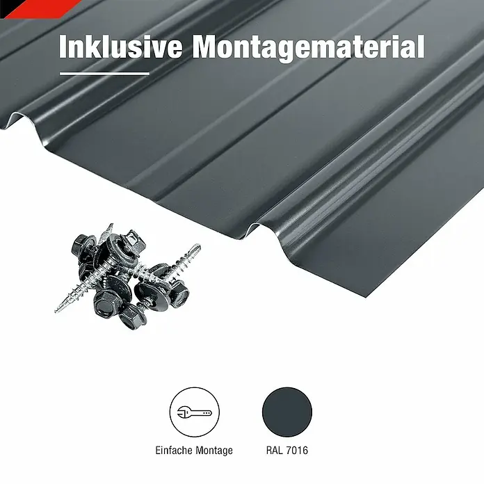 Metdach Dachblech Schwallblech 12er Set - Anthrazit, L x B: 1.250 x 450 mm, Gesamtstückzahl: 12 Stk. - Bild einer grauen Trapezblechplatte mit Befestigungsmaterial. Inklusive Schrauben für die einfache Montage, RAL 7016 Farbton.