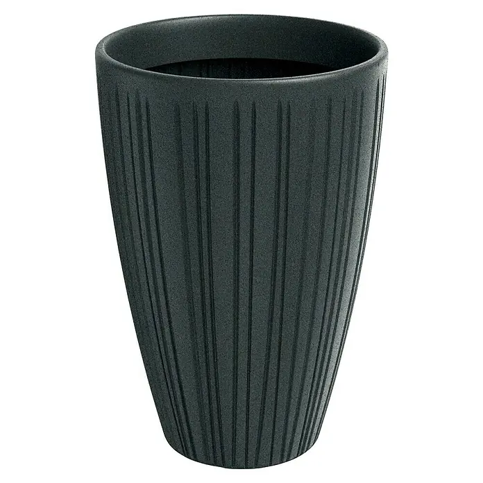 ETHICK Pflanztopf Fero - Außenmaß (Ø x H): 35 x 50 cm, Kunststoff, Blau-Grau - Nahaufnahme eines gerippten, anthrazitfarbenen Blumentopfes, der sich durch sein modernes Design und seine robuste Textur auszeichnet.