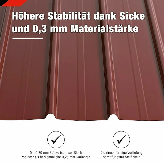 Metdach Dachblech Schwallblech 12er Set - Rot, L x B: 1.250 x 450 mm, Gesamtstückzahl: 12 Stk. - Nahaufnahme einer braunen Trapezblechplatte mit dem Hinweis auf höhere Stabilität dank Sicke und 0,3 mm Materialstärke.