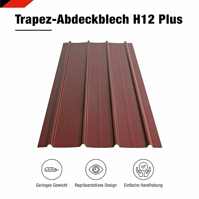 Metdach Dachblech Schwallblech 12er Set - Rot, L x B: 1.250 x 450 mm, Gesamtstückzahl: 12 Stk. - Trapez-Abdeckblech H12 Plus: Robustes, langlebiges und wetterbeständiges Trapezblech für vielfältige Anwendungen im Dach- und Wandbereich.