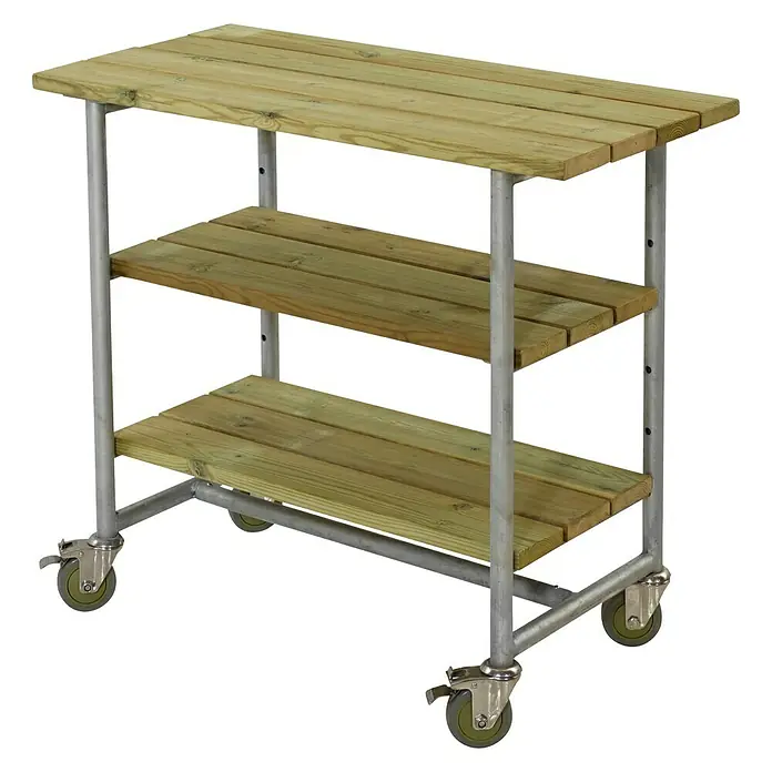 Plus Gartentisch / Pflanztisch Urban - 100 x 50 x 90 cm, Natur, 2 Böden - Ein dreistöckiger Servierwagen mit Holztabletts und Rädern. Ideal für den Garten, die Küche oder das Restaurant.