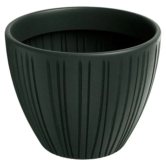 ETHICK Pflanztopf Fero - Außenmaß (Ø x H): 48 x 38 cm, Kunststoff, Dunkelgrau - Nahaufnahme eines gerillten, dunklen Pflanzgefäßes mit einer matten Oberfläche, ideal für Zimmerpflanzen und moderne Dekoration.