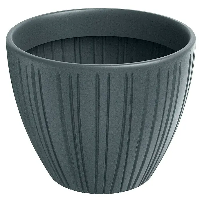 ETHICK Pflanztopf Fero - Außenmaß (Ø x H): 48 x 38 cm, Kunststoff, Betongrau - Nahaufnahme eines gerippten, grauen Pflanzgefäßes. Das Pflanzgefäß hat eine abgerundete Form mit vertikalen Rillen und ist leer.