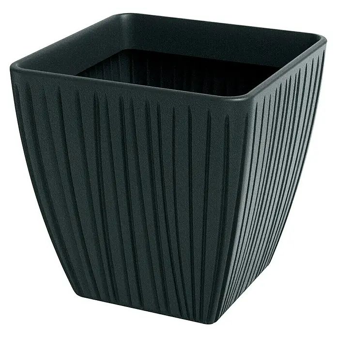 ETHICK Pflanzkübel eckig Fero - 1 Stk., Außenmaß (L x B x H): 48 x 48 x 48 cm, Kunststoff, Dunkelgrau - Nahaufnahme eines dunkelgrünen, gerippten, quadratischen Blumentopfs.