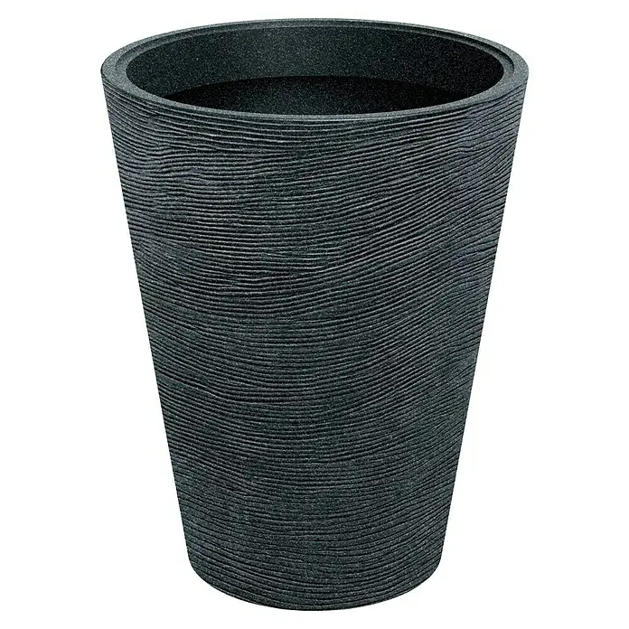ETHICK Pflanztopf Tubra - Außenmaß (Ø x H): 48 x 60 cm, Kunststoff, Schwarz-Granit - Ein eleganter, grauer Pflanztopf mit horizontalen Rillen, ideal für den Innen- und Außenbereich, um Pflanzen stilvoll zu präsentieren.