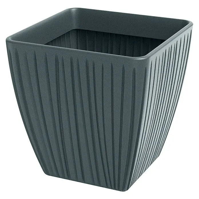 ETHICK Pflanzkübel eckig Fero - 1 Stk., Außenmaß (L x B x H): 48 x 48 x 48 cm, Kunststoff, Betongrau - Nahaufnahme eines quadratischen, anthrazitfarbenen Pflanzgefäßes mit vertikalen Rillen, das eine moderne und stilvolle Optik bietet.