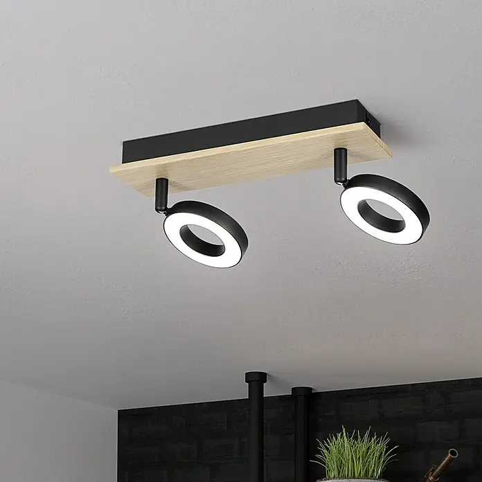 Eglo LED-Einbauleuchte Rielves - 4,2 W, L x B x H: 28 x 7 x 17,5 cm, Schwarz, Holz, Warmweiß - Deckenleuchte mit zwei runden LED-Strahlern auf einer Holzplatte montiert, ideal für modernes Interieur.