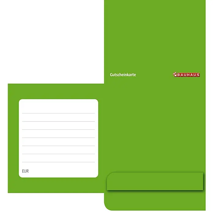 Gutscheinkarte - Per Postversand, 20 Euro, Kleeblatt - Grüne Bauhaus Gutscheinkarte mit Platz für persönliche Widmung und Wertangabe in EUR. Ideal als Geschenk für Heimwerker.