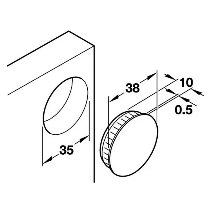 Stabilit Tapón embellecedor - Diámetro cabeza: 38 mm, Blanco - Ilustración de un tirador de armario con dimensiones. Ideal para diseño de muebles y dibujos técnicos.
