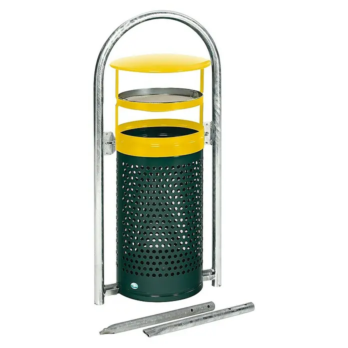 Proregal Asche-Mülleimer mit Rohrbogenständer + Aschereinsatz - 70 l, Stahl, Grün-Gelb