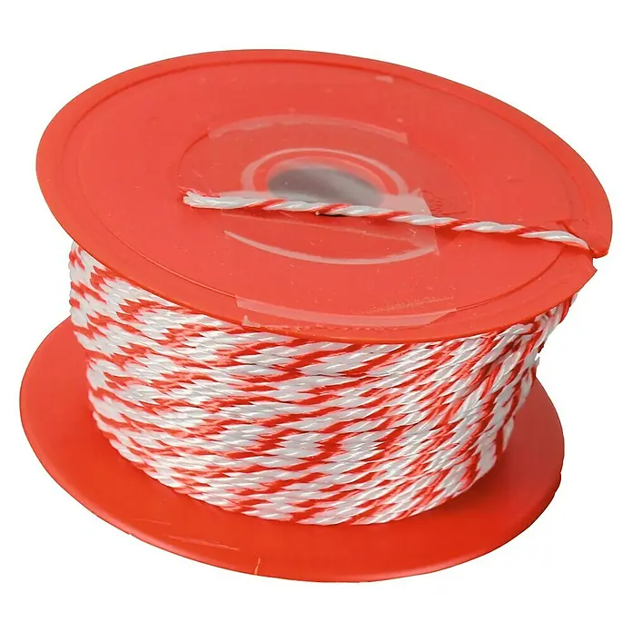Stabilit Ovillo de cordel - Ø x L: 1,3 mm x 40 m, Blanco - Un rollo de cordel rayado rojo y blanco sobre una bobina roja, perfecto para embalar o hacer manualidades.