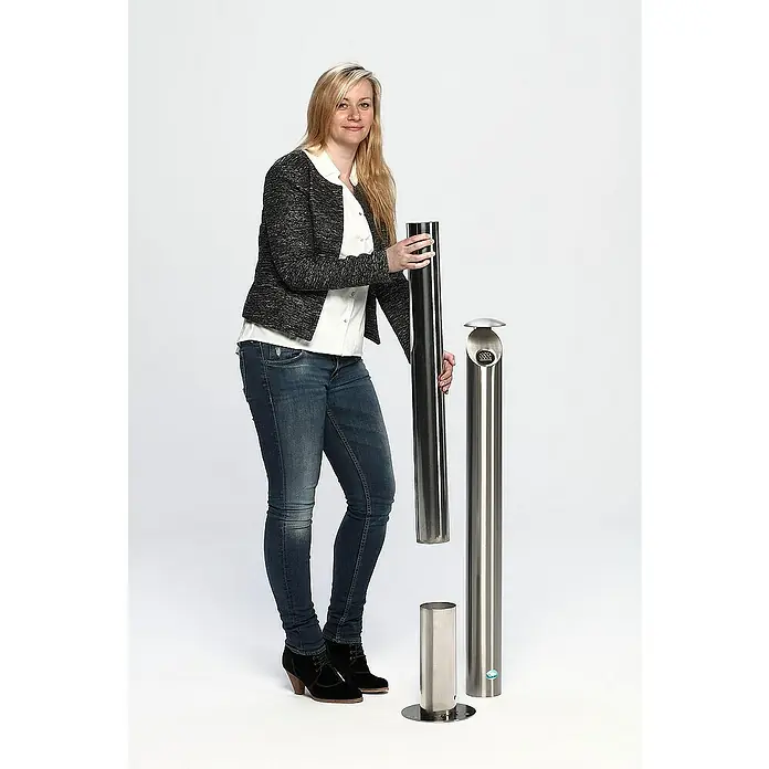 Proregal Asche-Mülleimer Aschersäule mit Schutzdach und Abstreifblech - Edelstahl, Edelstahlmatt