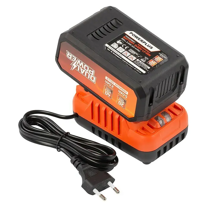 PowerPlus Cortacésped de batería POWDPGLMS7 - 20 V - 40 V, 1 batería, 2,5 Ah - 5 Ah, Ancho de corte: 32 cm - Cargador de batería con una batería Powerplus, diseñado para cargar baterías de 20V y 40V, con un cable de alimentación Europlug.